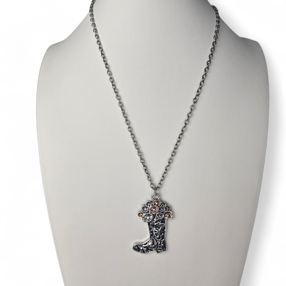 Justin Boots Silver And Rose Toned Cowgirl Boot Pendant Necklace